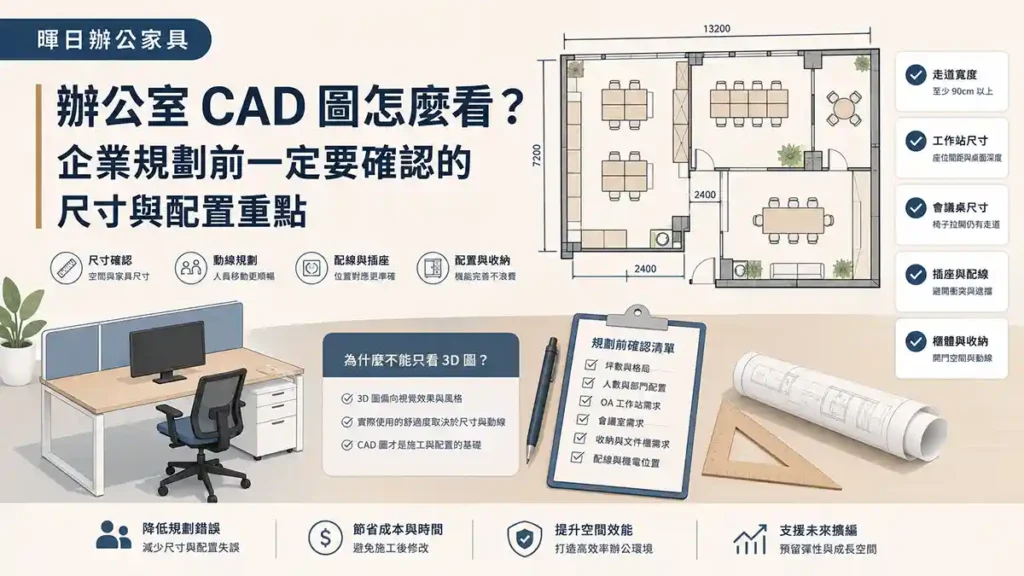 辦公室 CAD 圖與空間配置示意，包含 OA 工作站、動線、會議室與文件收納規劃重點