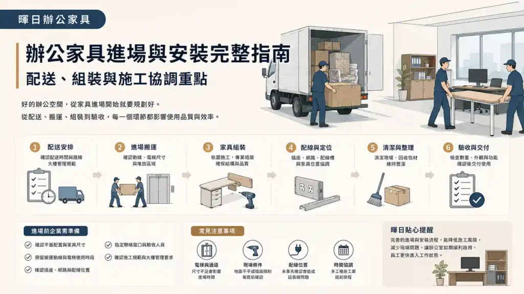 辦公家具進場與安裝流程示意，包含配送、搬運、組裝、配線與驗收重點