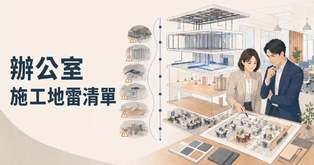 辦公室施工地雷清單示意圖，呈現隔間、天花、配線、地坪與家具進場等施工風險。