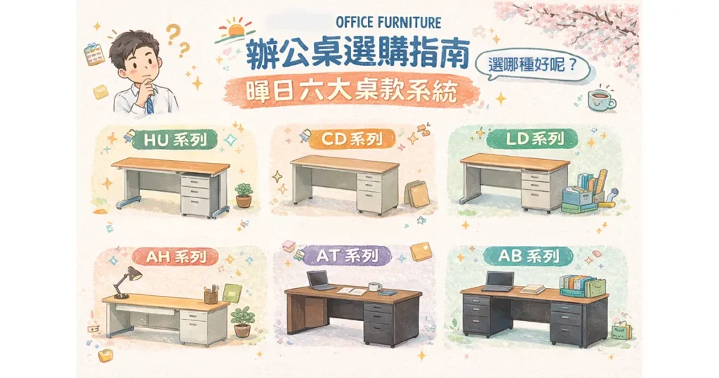 辦公桌選購指南，暉日六大桌款系統 HU、CD、LD、AH、AT、AB 差異比較示意圖