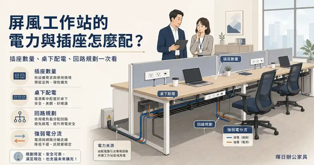 屏風工作站電力與插座規劃 Hero 圖｜插座數量、桌下配電、回路規劃與強弱電分流示意