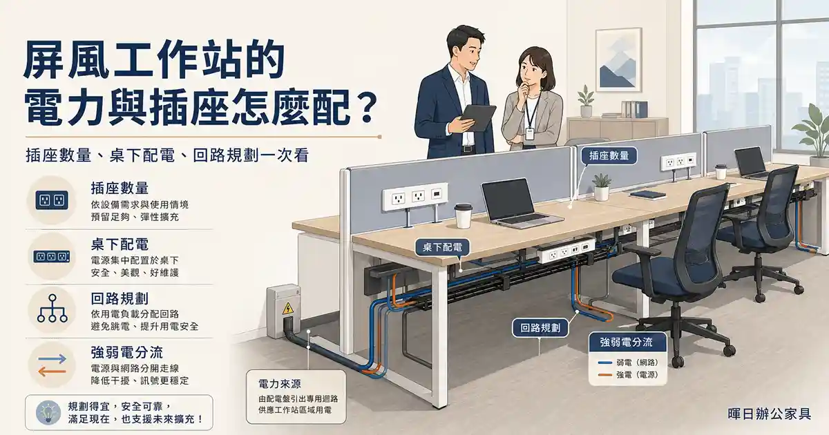 屏風工作站電力與插座規劃示意圖，整理插座數量、位置、桌下配電與回路配置重點