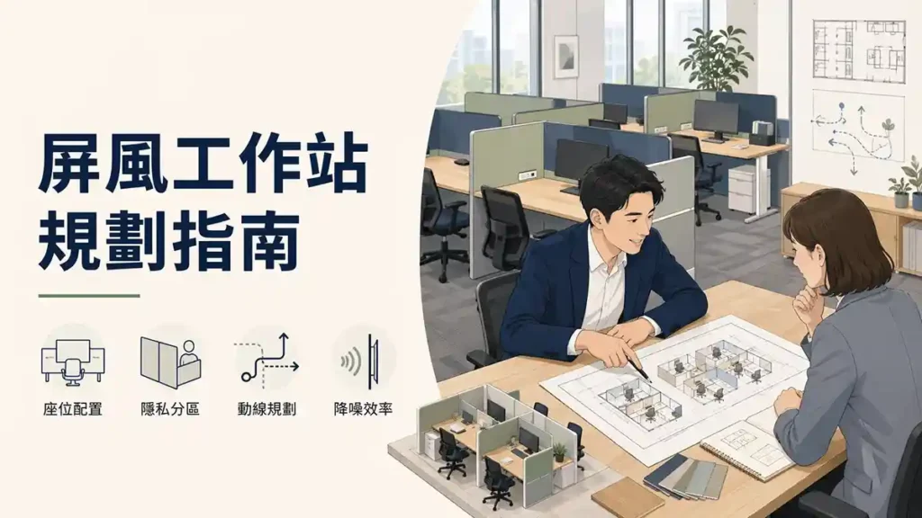 屏風工作站規劃指南示意圖，顯示顧問與企業客戶討論屏風工作站配置，包含座位配置、隱私分區、動線規劃與降噪效率。