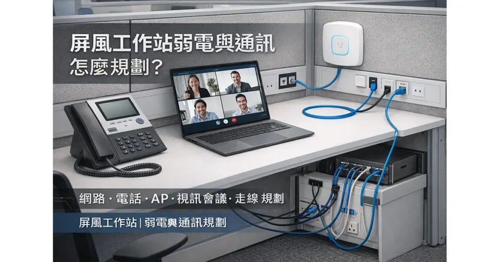 屏風工作站弱電與通訊規劃示意，包含網路、電話、無線 AP 與視訊會議設備走線配置