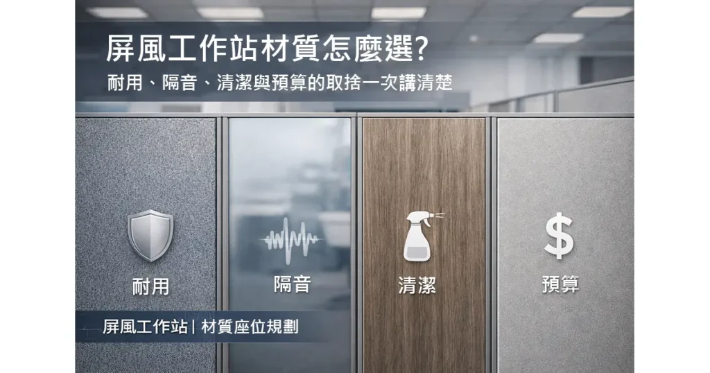 屏風工作站材質比較示意，呈現不同面材在耐用度、隔音效果、清潔維護與預算取捨上的差異