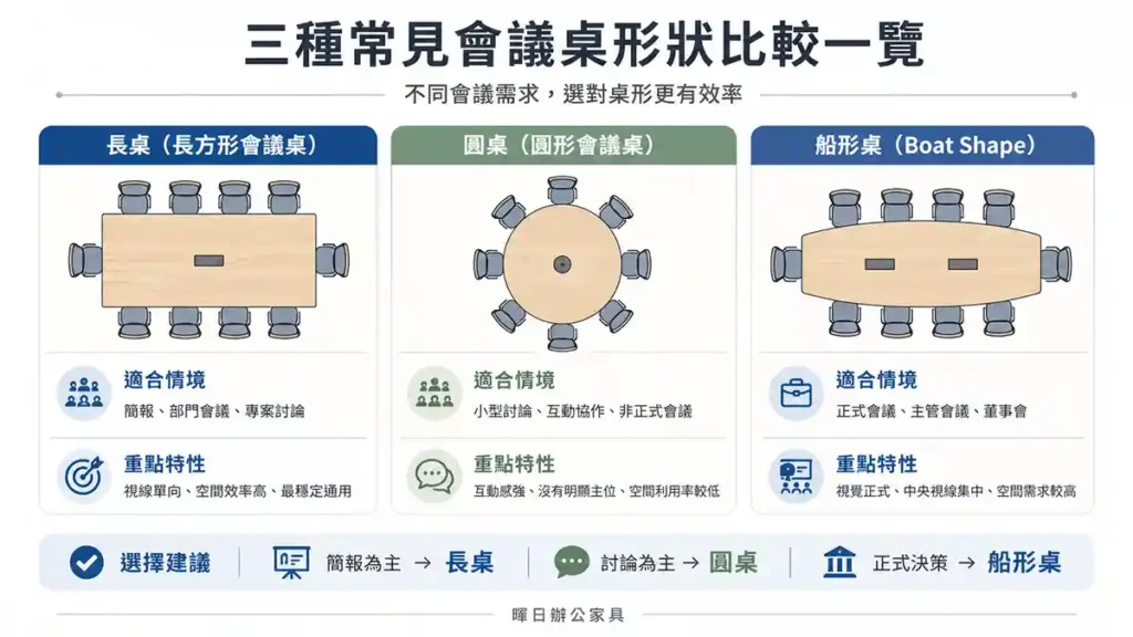 三種常見會議桌形狀比較一覽，包含長桌、圓桌與船形桌的適合情境與選擇建議