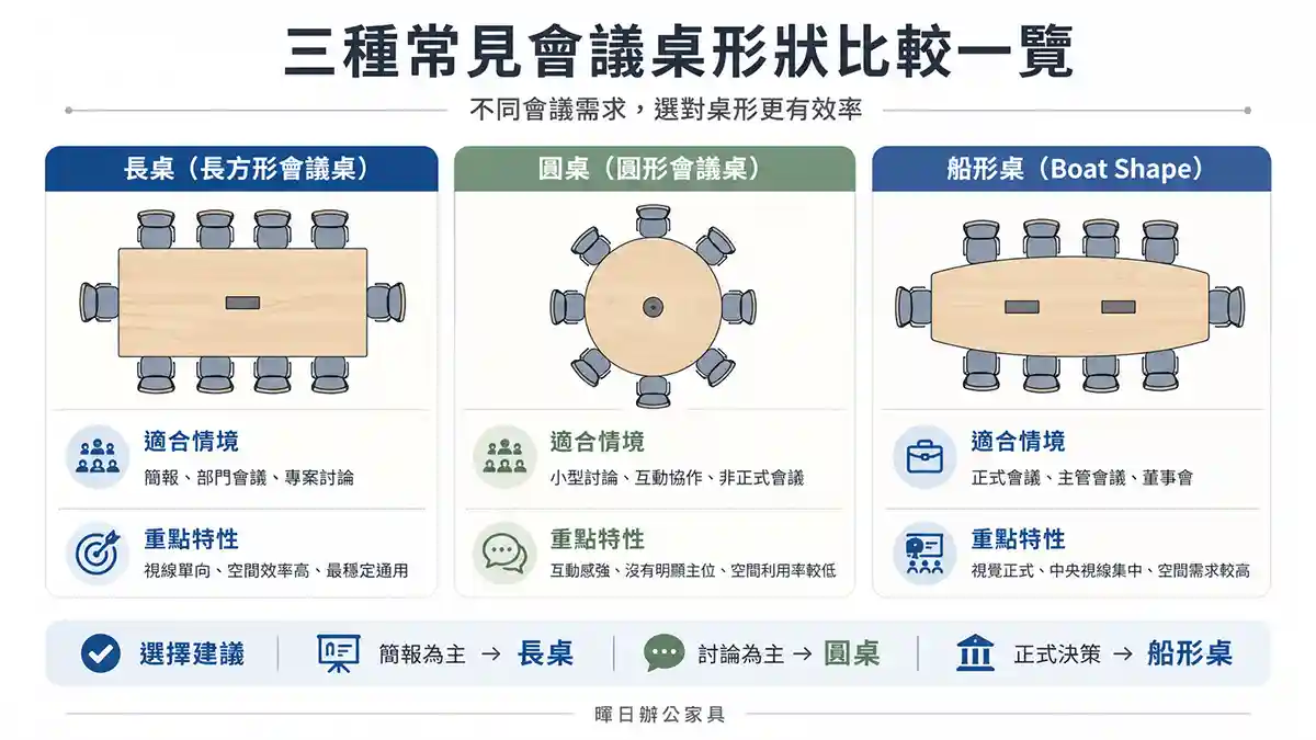 三種常見會議桌形狀比較一覽，包含長桌、圓桌與船形桌的適合情境與選擇建議