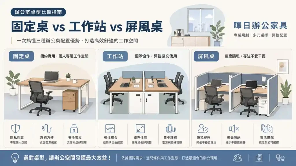 固定辦公桌、工作站與屏風桌在企業辦公室中的配置比較示意