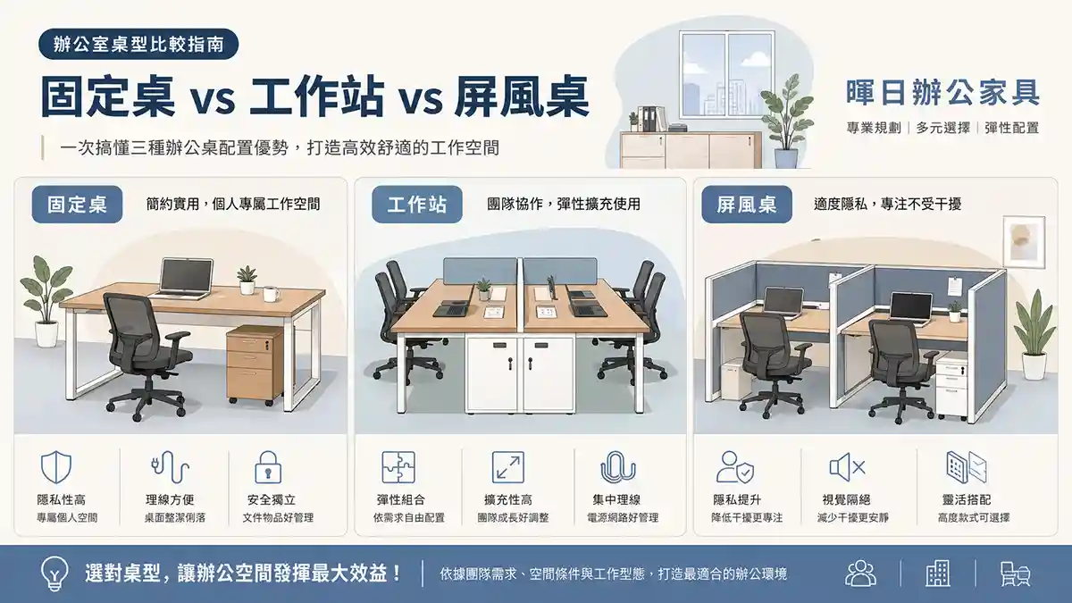 固定辦公桌、工作站與屏風桌在企業辦公室中的配置比較示意