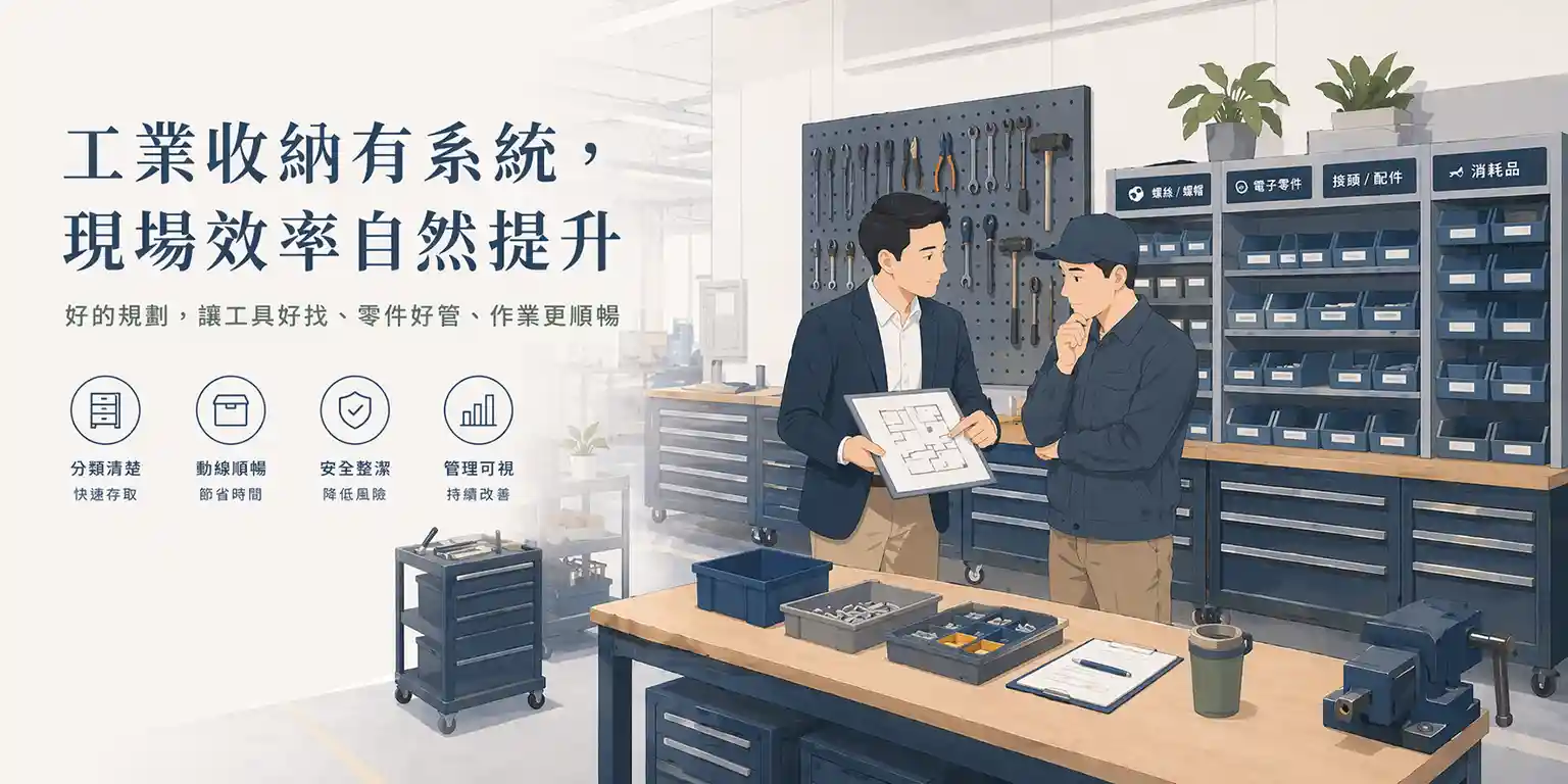 工業收納完整指南：工具櫃、工具車、工作桌與零件櫃配置示意