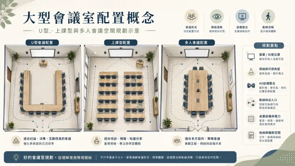 大型會議室配置概念圖｜U型、上課型與多人會議空間規劃示意