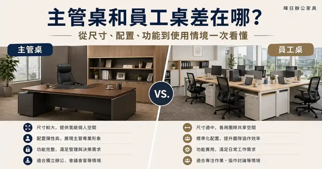主管桌與員工桌比較圖，整理尺寸、配置、功能與使用情境差異