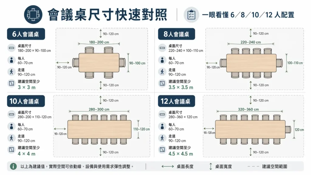 6人、8人、10人、12人會議桌尺寸與走道建議對照圖
