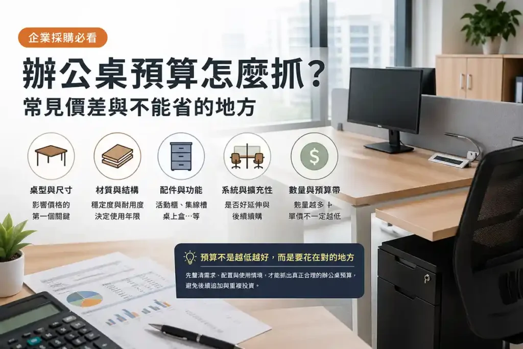 辦公桌預算規劃 Hero 圖｜企業採購時常見價差與不能省的地方示意