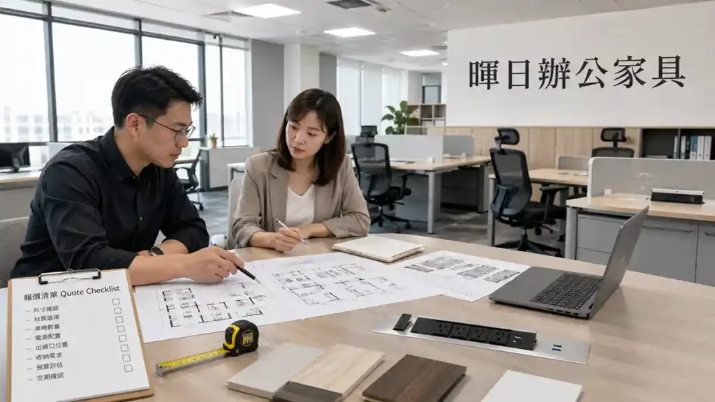 辦公桌採購前丈量空間、整理需求清單與報價資料的企業辦公室規劃情境
