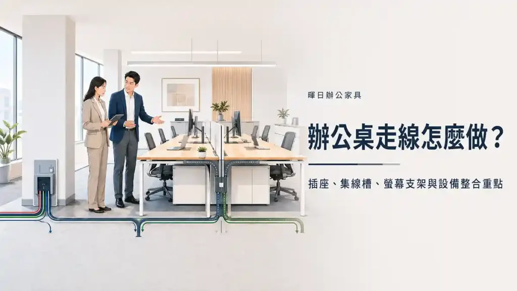 辦公桌走線與設備整合圖｜插座、集線槽、螢幕支架與桌面設備配置示意
