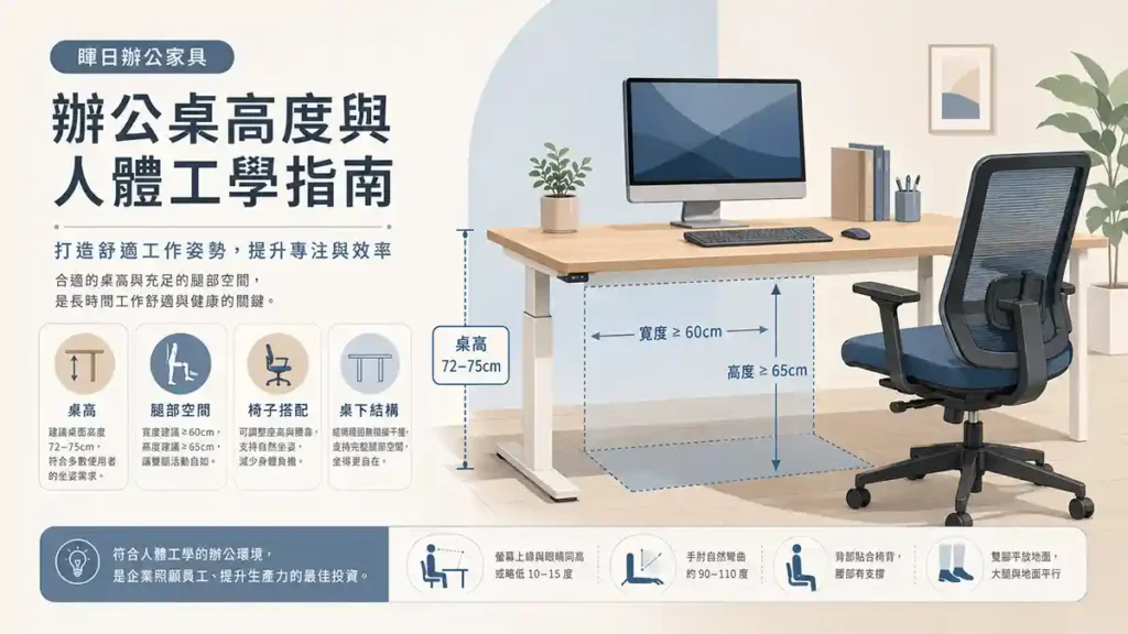 辦公桌高度、腿部空間與人體工學配置示意，適合企業採購辦公桌前評估