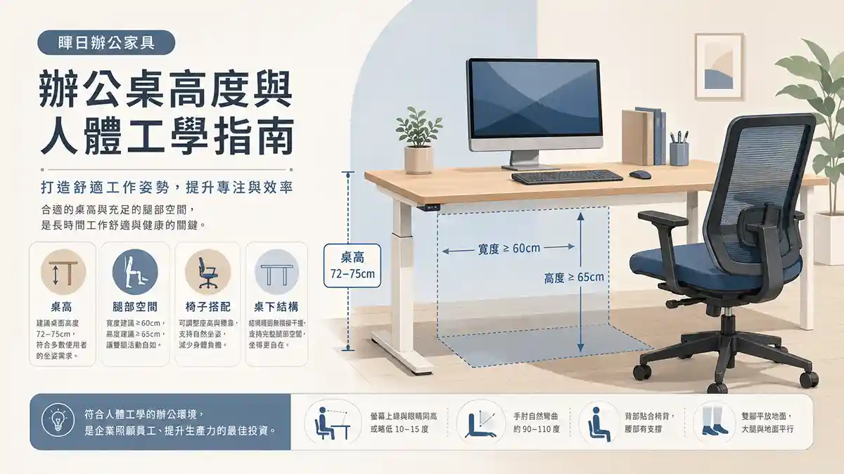 辦公桌高度、腿部空間與人體工學配置示意，適合企業採購辦公桌前評估