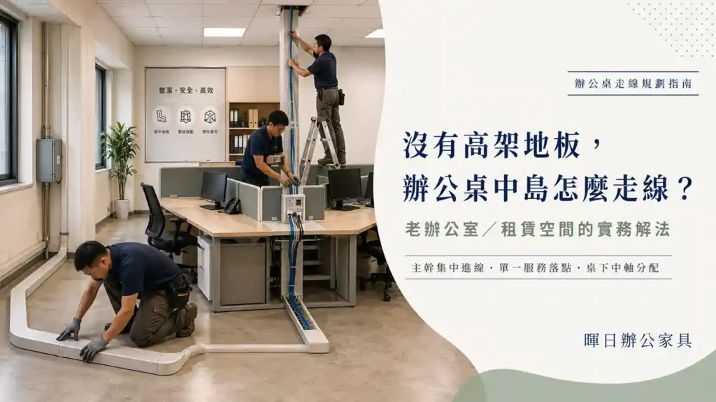 辦公桌中島走線規劃圖｜沒有高架地板時的主幹進線、單一落點與桌下分配示意
