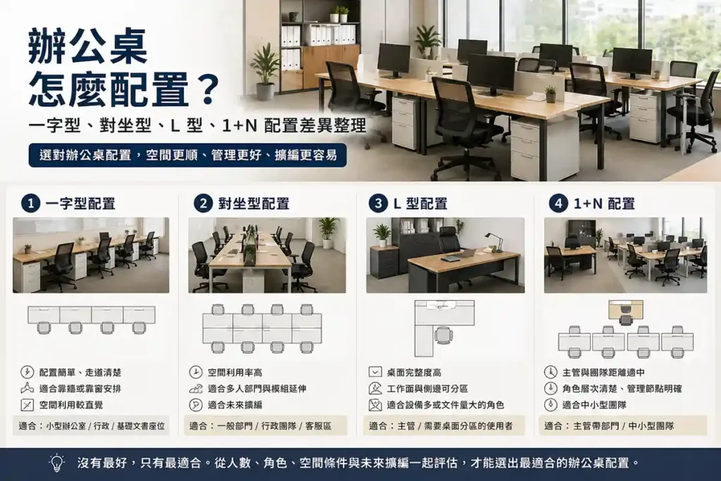 辦公桌配置方式總覽 Hero 圖，整理一字型、對坐型、L 型與 1+N 配置差異