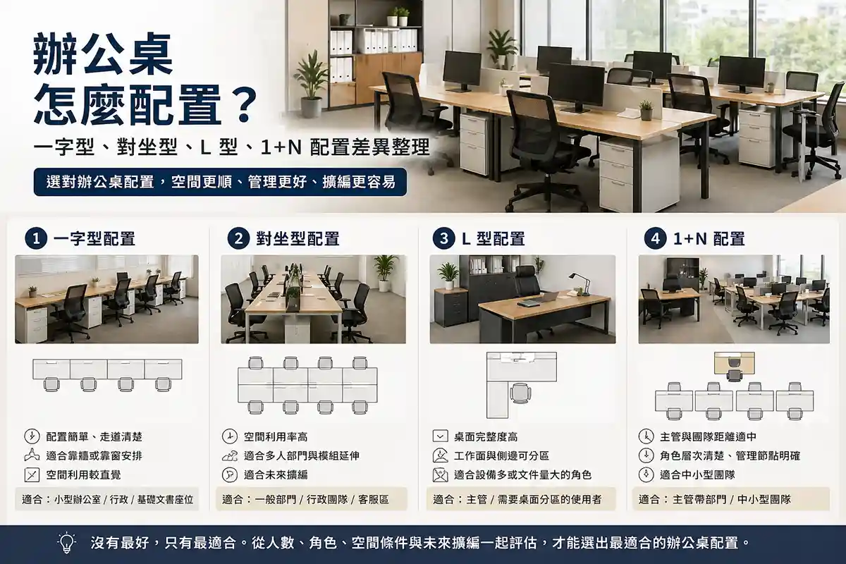 辦公桌配置方式總覽 Hero 圖，整理一字型、對坐型、L 型與 1+N 配置差異
