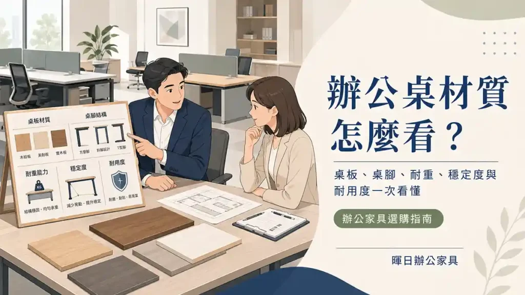 辦公桌材質選購示意圖｜桌板、桌腳、耐重、穩定度與耐用度說明