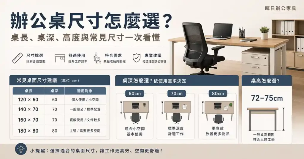 辦公桌尺寸比較資訊圖，整理桌長桌深桌高與 120×70、140×70、160×70、180×80 常見尺寸差異