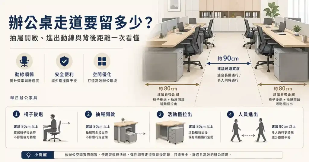 辦公桌走道與距離示意圖，整理約 90 公分通道、約 80 公分背後距離與抽屜開啟空間