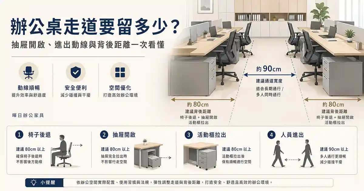 辦公桌走道與距離示意圖，整理約 80、90、100、120 公分走道差異與抽屜開啟空間