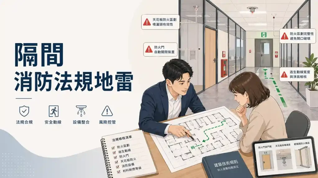 隔間消防法規地雷示意圖，顯示辦公室隔間規劃中的防火區劃、逃生動線、防火門與消防設備整合重點。