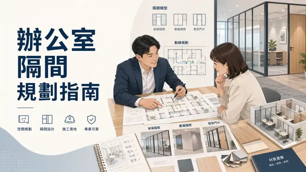 辦公室隔間規劃指南示意圖，顯示顧問與企業客戶討論平面圖，並比較玻璃隔間、實牆隔間與門片配置。