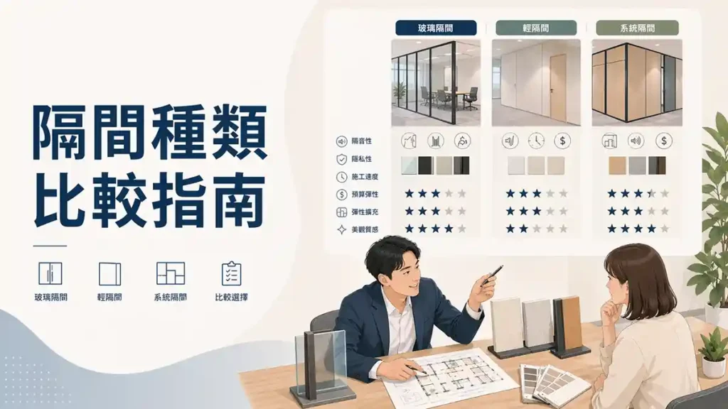 隔間種類比較指南示意圖，顯示玻璃隔間、輕隔間與系統隔間的差異比較，以及顧問與客戶討論選擇方向。