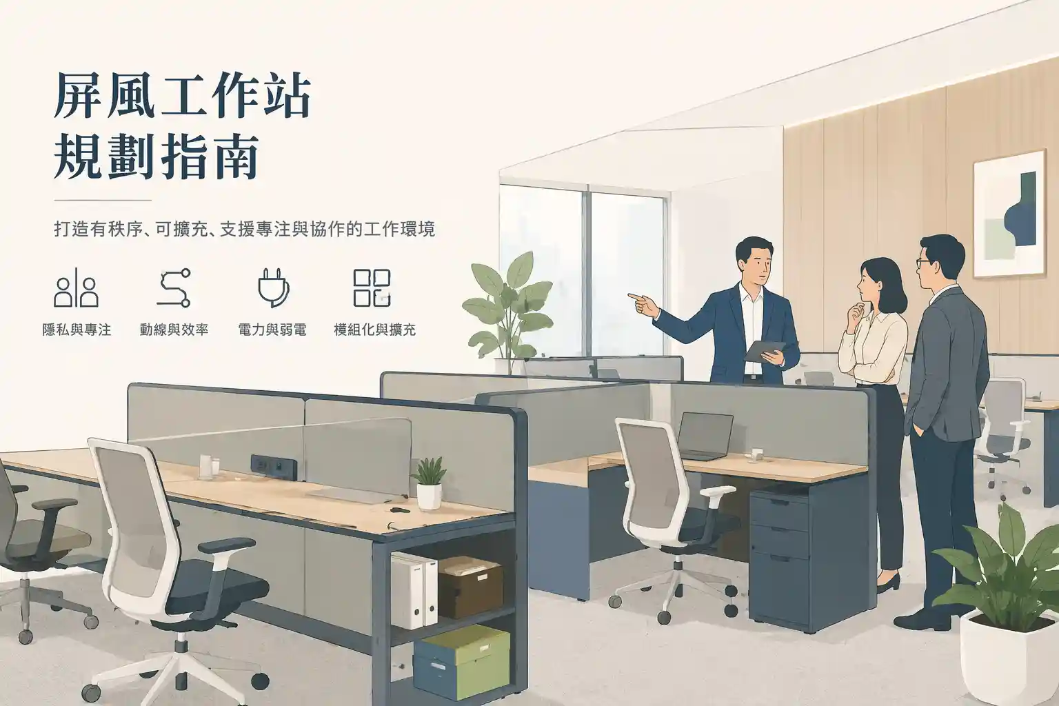 屏風工作站規劃指南：從尺寸、動線、電力到擴編的決策入口