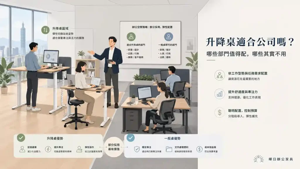 升降桌與一般辦公桌配置對比示意圖｜辦公室不同部門桌型規劃參考｜暉日辦公家具