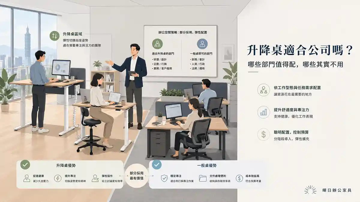 公司導入升降桌示意圖，對比升降桌與一般辦公桌在不同部門的使用情境