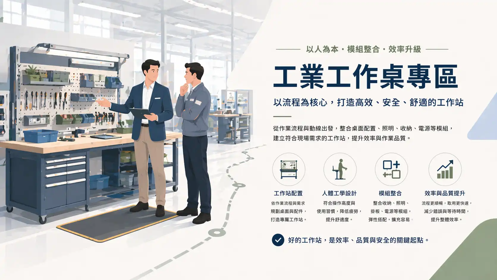 工業工作桌與工作站配置示意圖
