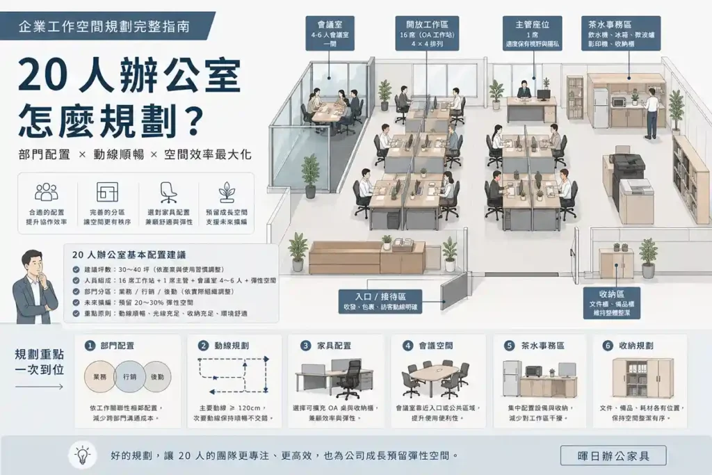 20 人辦公室規劃與 OA 工作站配置示意圖