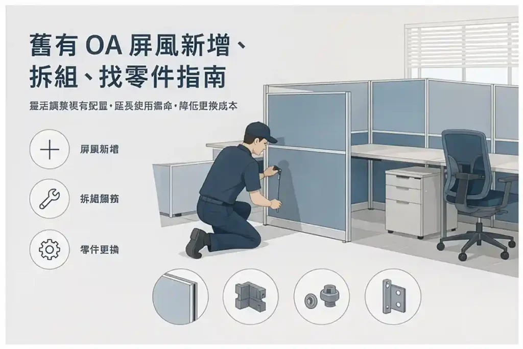 舊有 OA 屏風新增與拆組示意圖，包含屏風續接、拆裝與零件更換情境