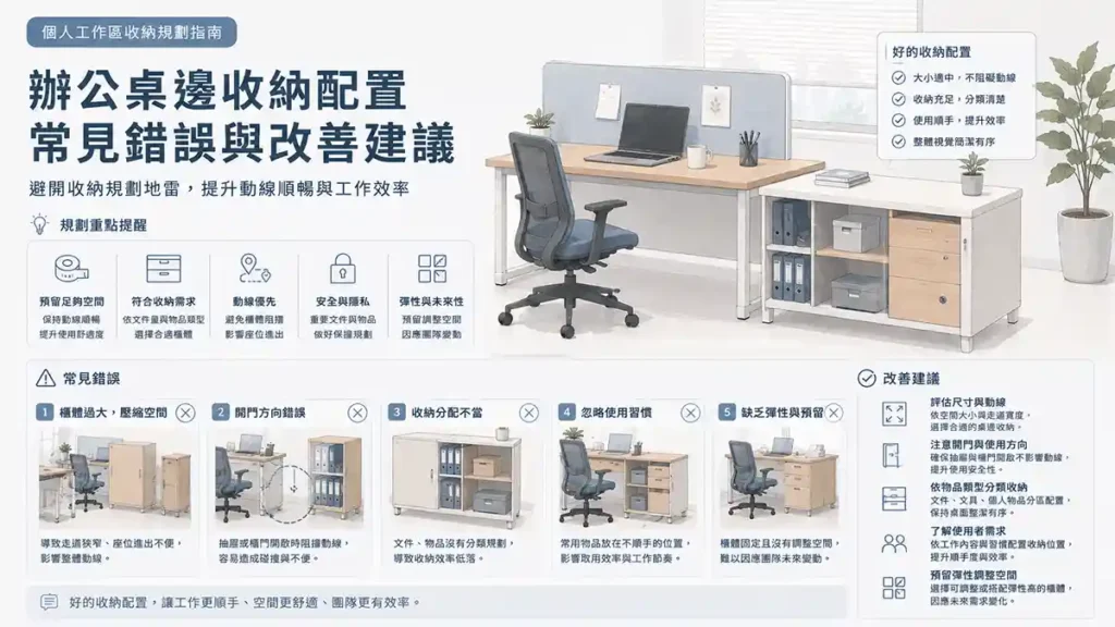 辦公桌旁收納配置示意圖，展示活動櫃、桌邊櫃與理想櫃擺放不當對動線、椅子使用與工作效率造成的影響