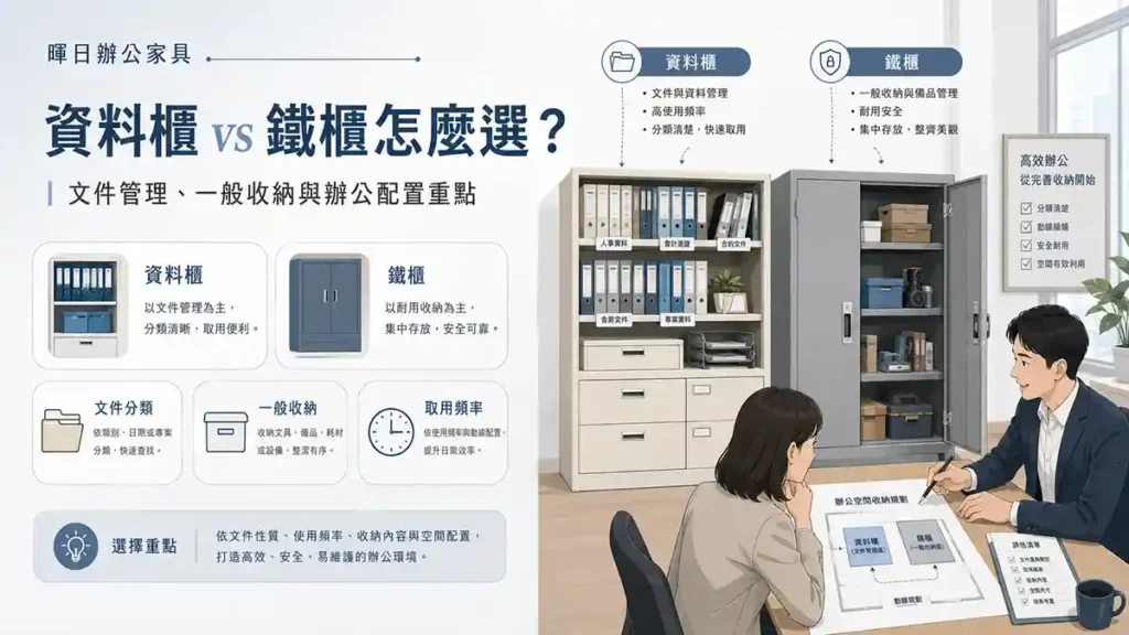 資料櫃與鐵櫃比較示意圖，說明文件管理、一般收納、取用頻率與辦公配置重點