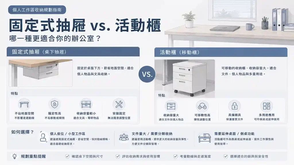 固定式三抽櫃與活動櫃比較示意圖，展示不同辦公桌收納配置、收納容量與使用情境差異