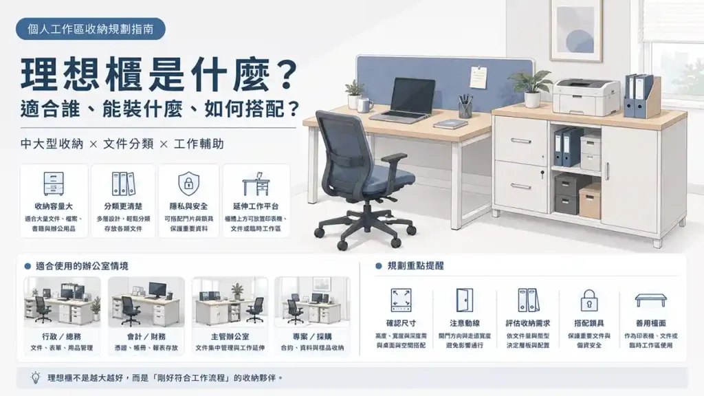 理想櫃配置示意圖，展示理想櫃結合文件收納、工作平台延伸與主管辦公桌搭配的應用方式