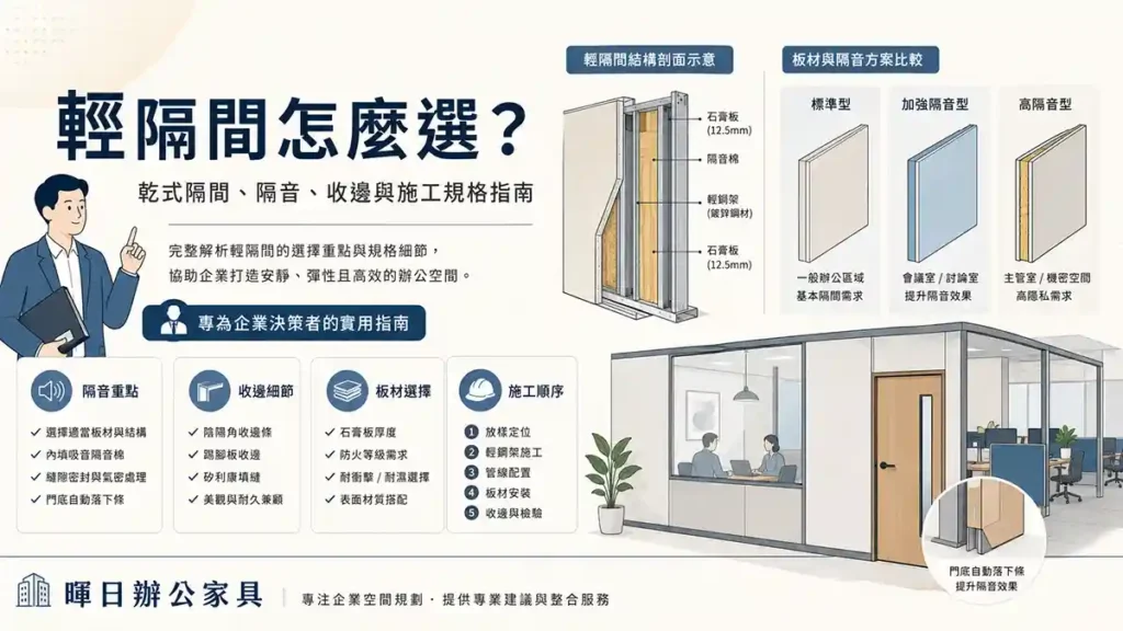 輕隔間怎麼選？乾式隔間、隔音、收邊與施工規格指南資訊型 Hero 圖，包含輕隔間剖面示意、板材比較、施工順序與辦公室隔間場景插畫