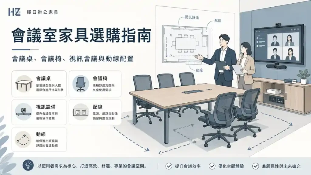 會議室家具選購指南示意圖，包含會議桌、會議椅、視訊設備、配線與動線規劃