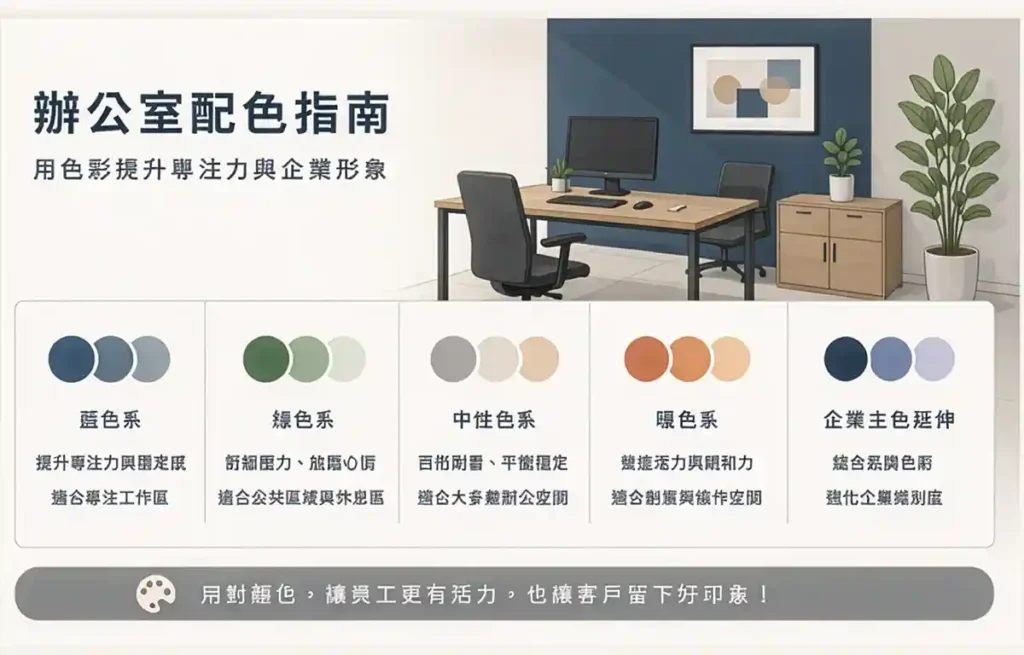 辦公室配色與工作空間氛圍示意圖