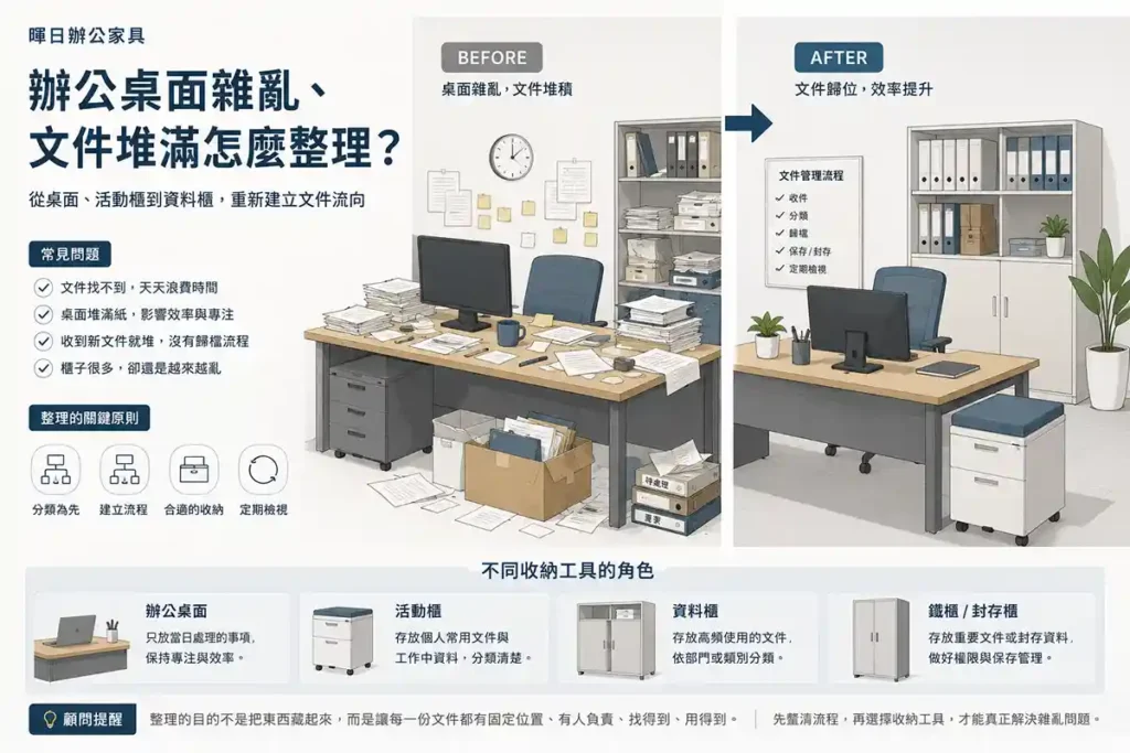 辦公桌面雜亂與文件堆積整理示意圖，包含活動櫃、資料櫃、文件分類與桌面收納配置