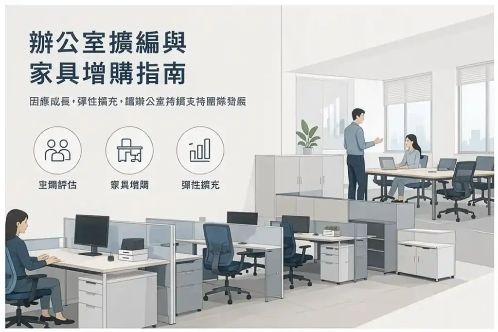 辦公室擴編與家具增購示意圖，包含辦公桌椅、收納櫃、部門增編與空間調整配置