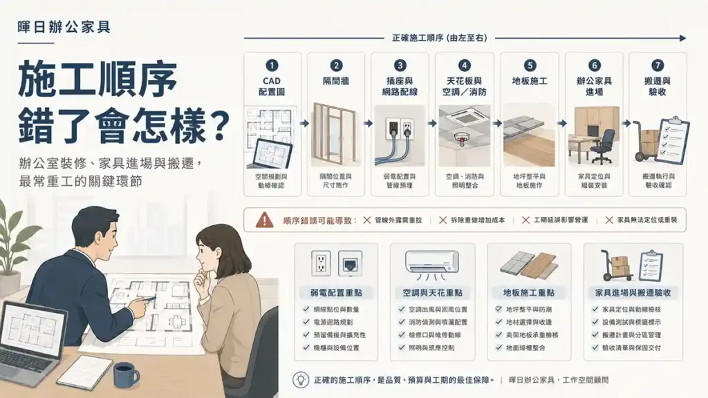 施工順序錯了會怎樣資訊型 Hero 圖，包含 CAD 配置圖、隔間牆、插座網路配線、天花板空調消防、地板施工、辦公家具進場與搬遷驗收流程