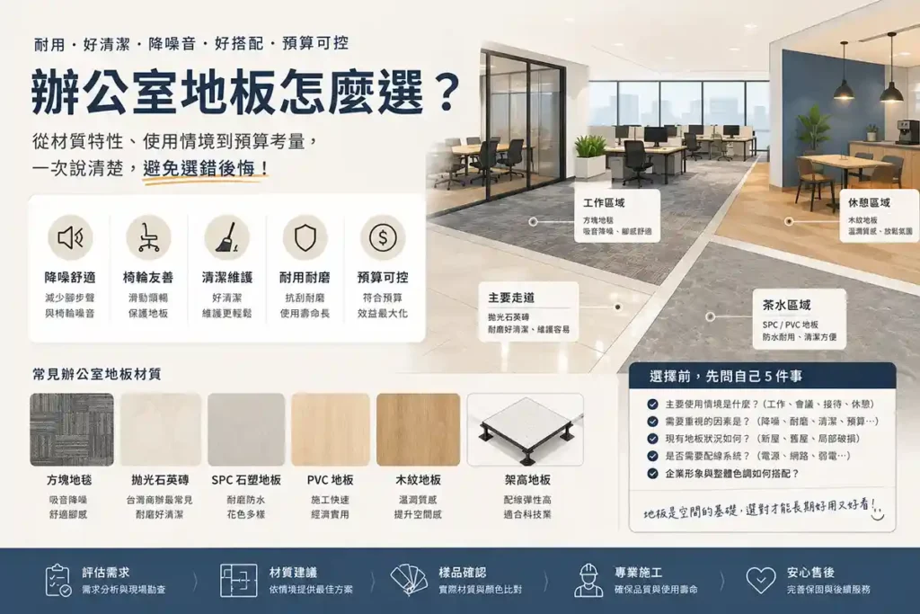 辦公室地板怎麼選與企業工作空間規劃示意，包含方塊地毯、拋光石英磚、SPC 地板與架高地板配置