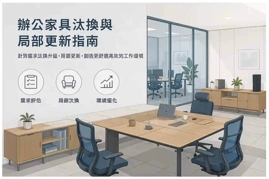 辦公家具汰換與局部更新示意圖，包含舊家具更新、主管桌與會議空間改善